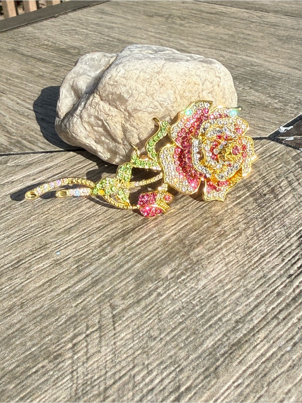 NWT Gold-Tone Pink & Green Crystal Rose Brooch - Women's Jewelry